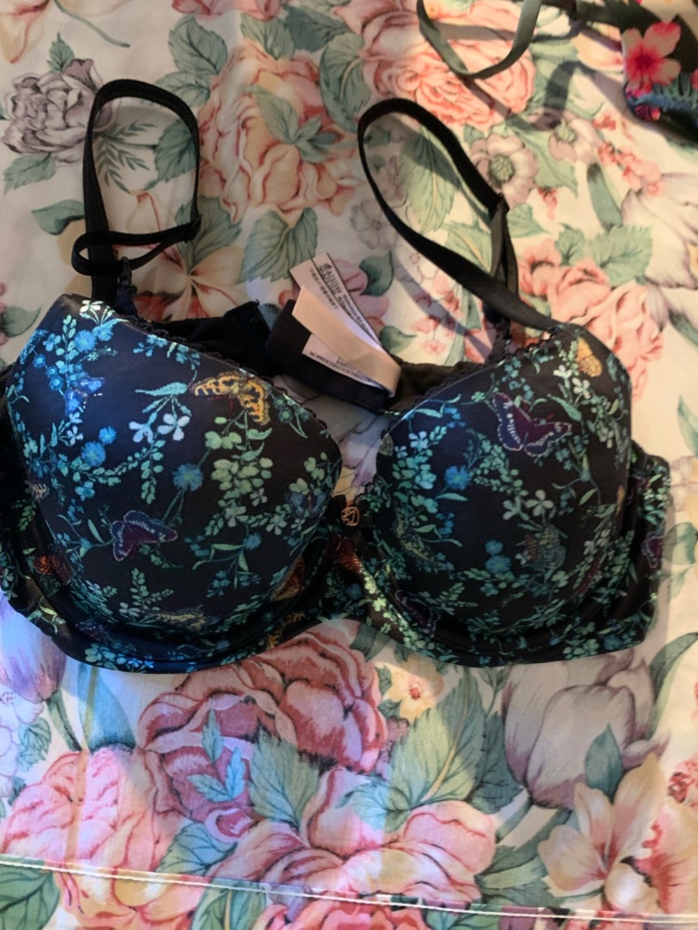 Victoria Secret Floral Padded Bra in Black with Teal Accents Size 36 C
